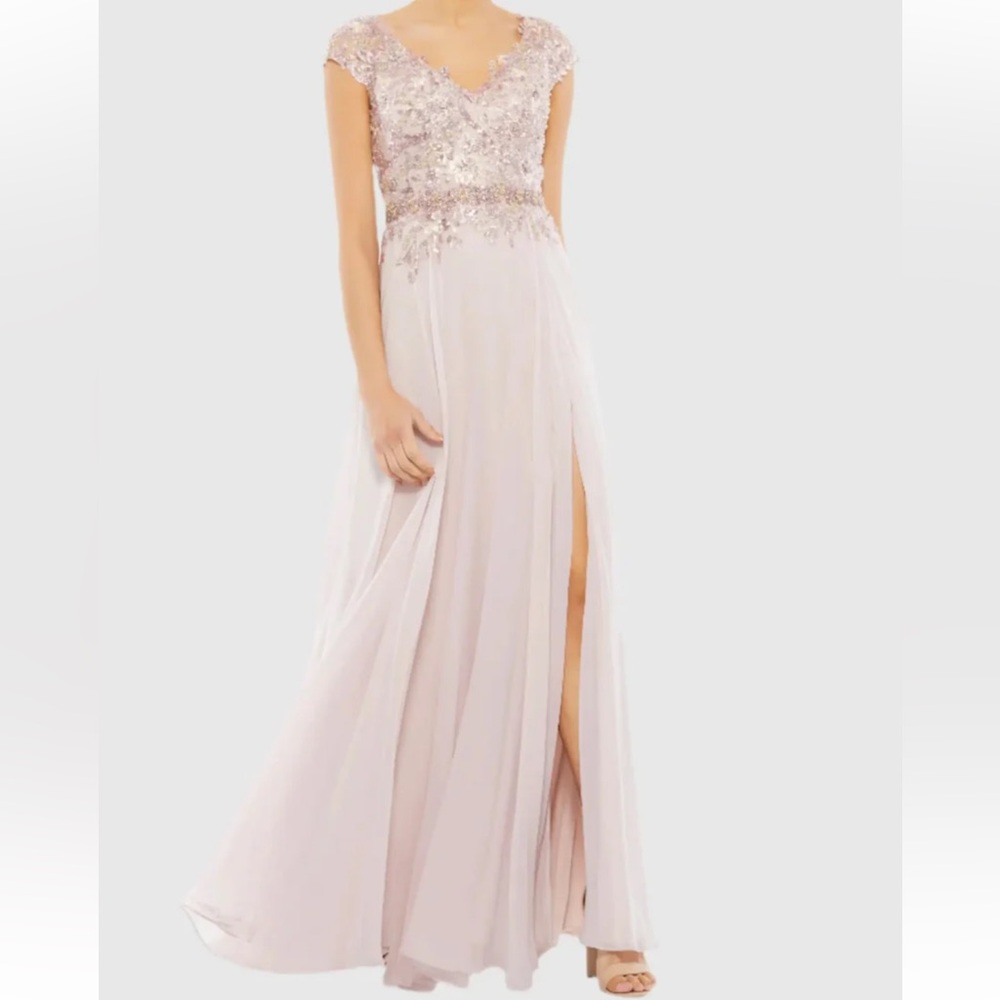 NWT Mac Duggal Sz 12 Rose Pink Embellished Cap Sleeve Bodice Flowy Gown 79365